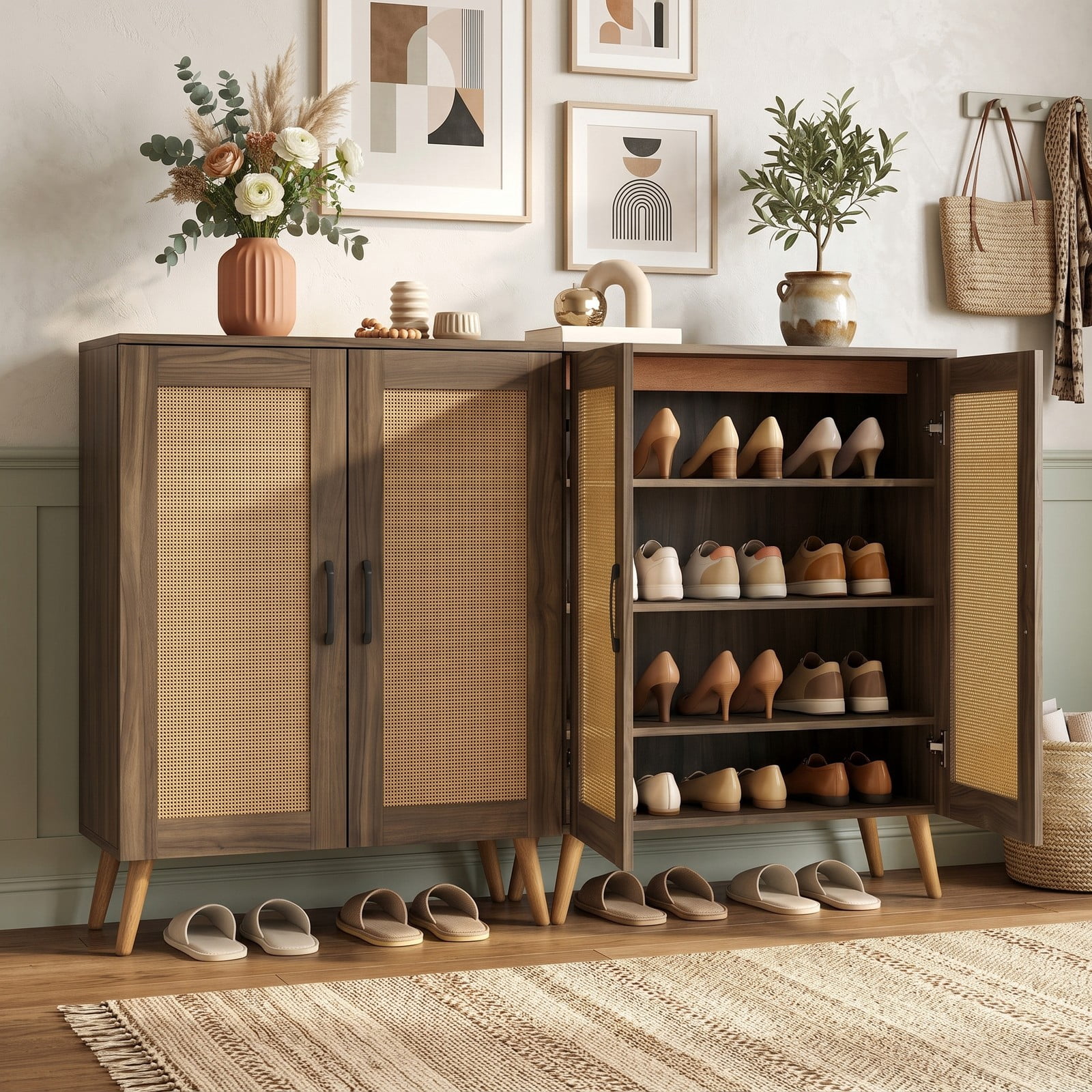 Furnibear 5-Tier Rattan Shoe Cabinet with 3 Removable Shelves and Woven Doors for Entryway and Hallway Shoe Storage, Walnut