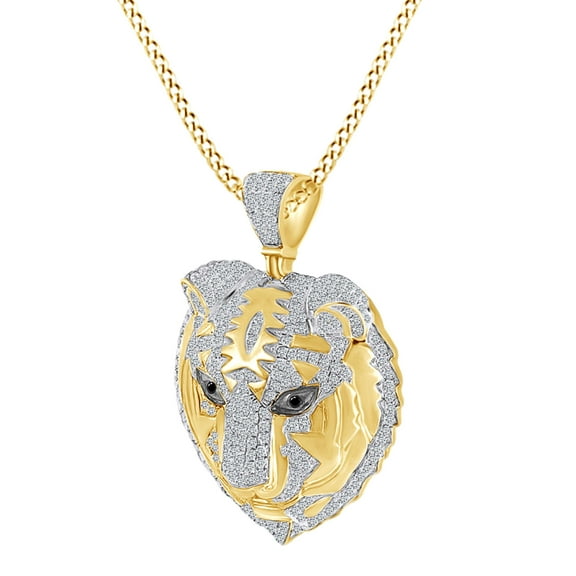 AFFY Round White & Black Natural Diamond Panther Head Pendant Necklace 10k Solid Yellow Gold (1.75 Cttw)