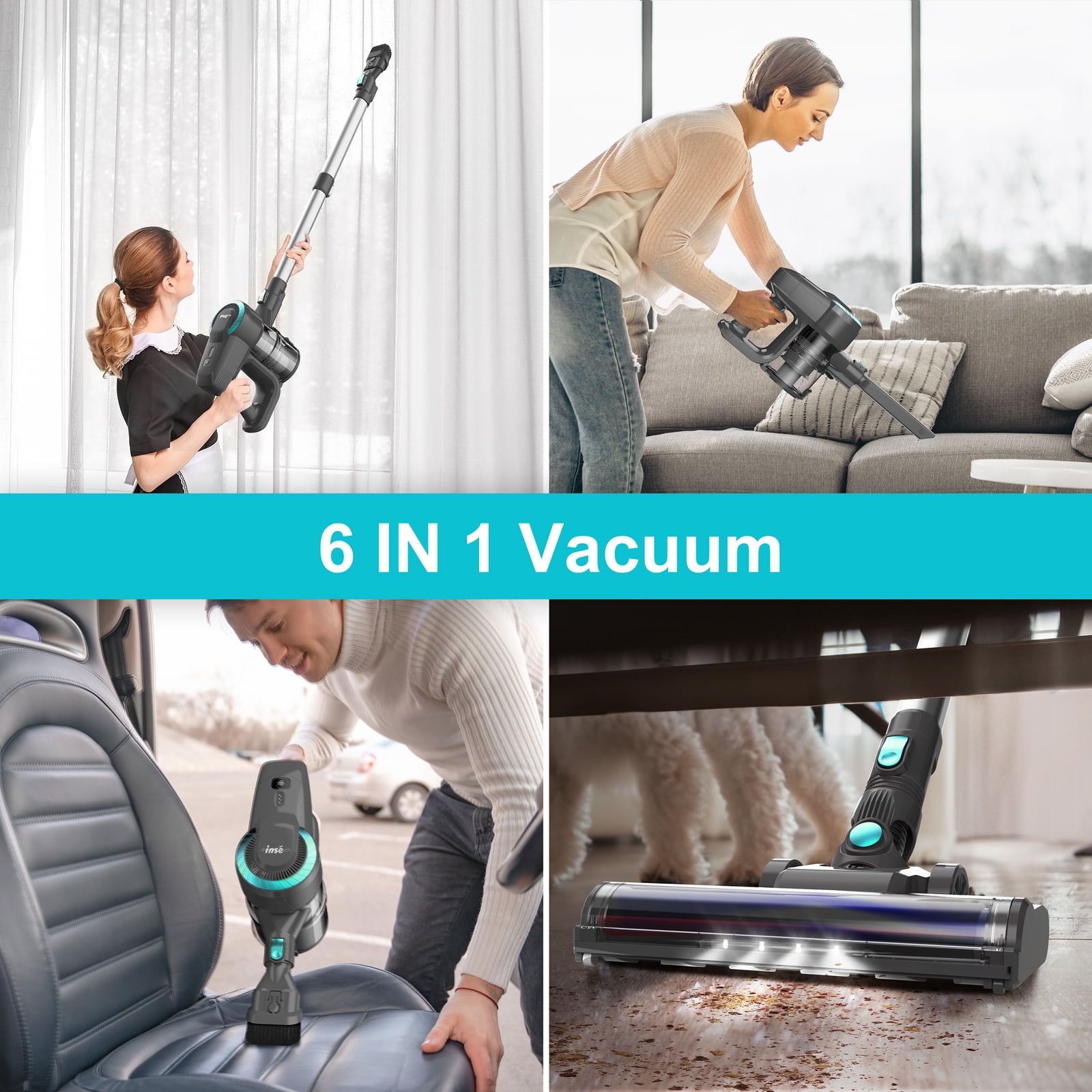 INSE Cordless Vacuum Cleaner, 6-in-1 Stick Vacuum 20kPa Lightweight for Hard Floor Carpet Pet Hair N370