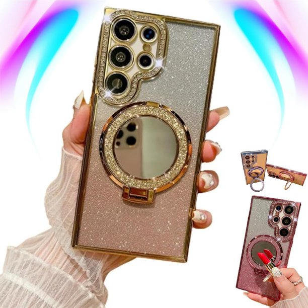 Transmitg para Samsung Glitter Rhinestones Funda magnética con soporte invisible y espejo cosmético, galvanizado 4 esquinas Airbag Anti-caída gradiente cubierta protector de lente de cámara (dorado, p
