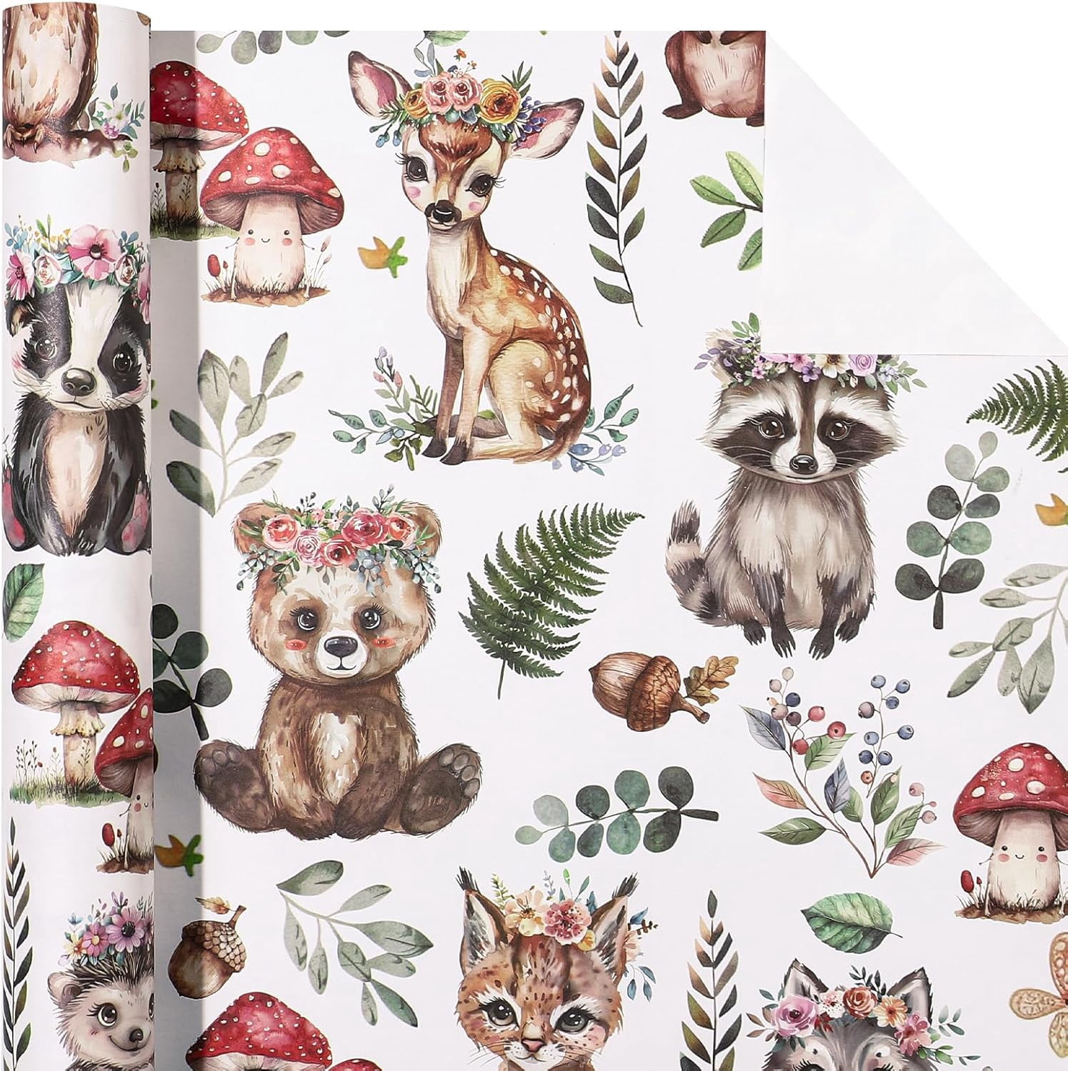 Kraft Woodland Animal Wrapping Paper Roll - Mini Roll - 17 Inch x 16.5 Feet - Greenery Woodland Forest Animals Design Perfect for Baby Shower, Kids Girls Boys Birthday