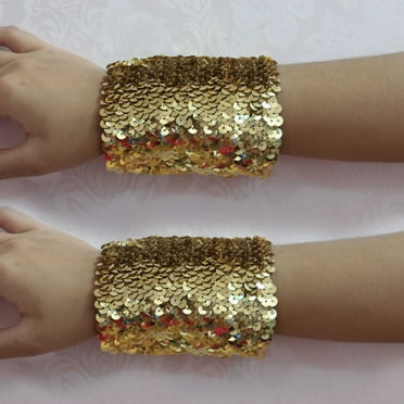Hyasfey 1 Pair Women Girls Shiny Sequins Bracelets Stretchy Sparkling Bracelet Cuffs Cosplay Dance Party Props