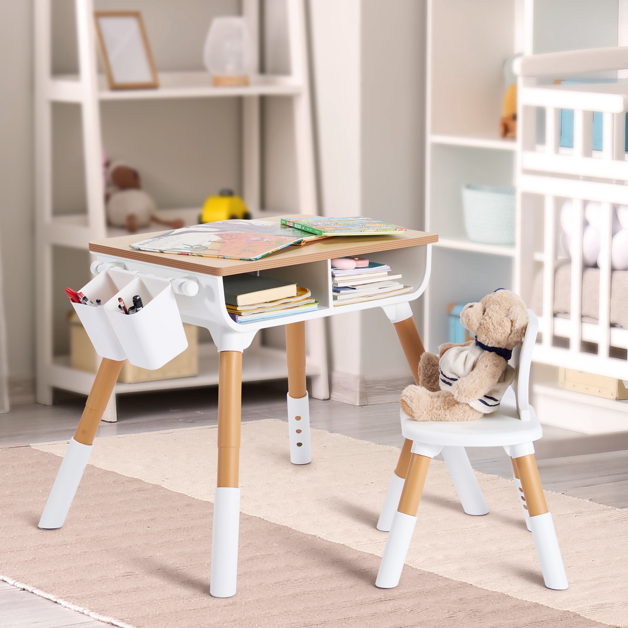Naipo Adjustable Toddler Table and Chair Set with Drawer and Basket, Kids Furniture for Reading, Drawing, Eating, Preschool, Ages 3-8, White