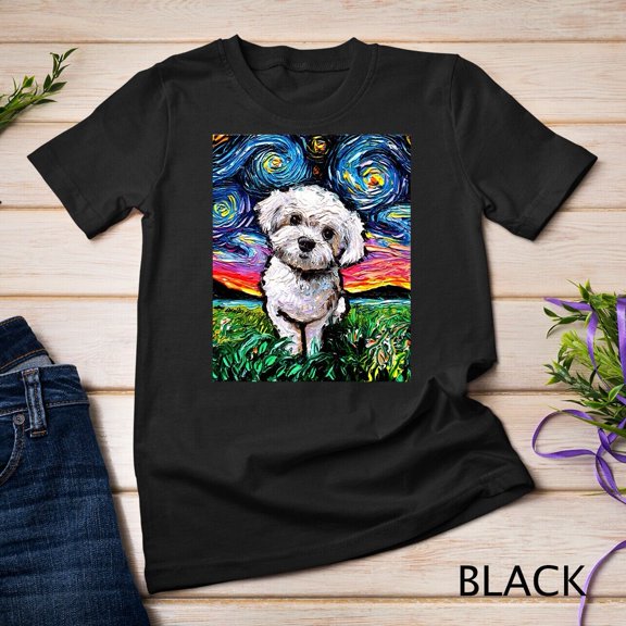 Maltipoo Starry Night White Maltese Poodle Dog Art by Aja T-Shirt Unisex T-shirt