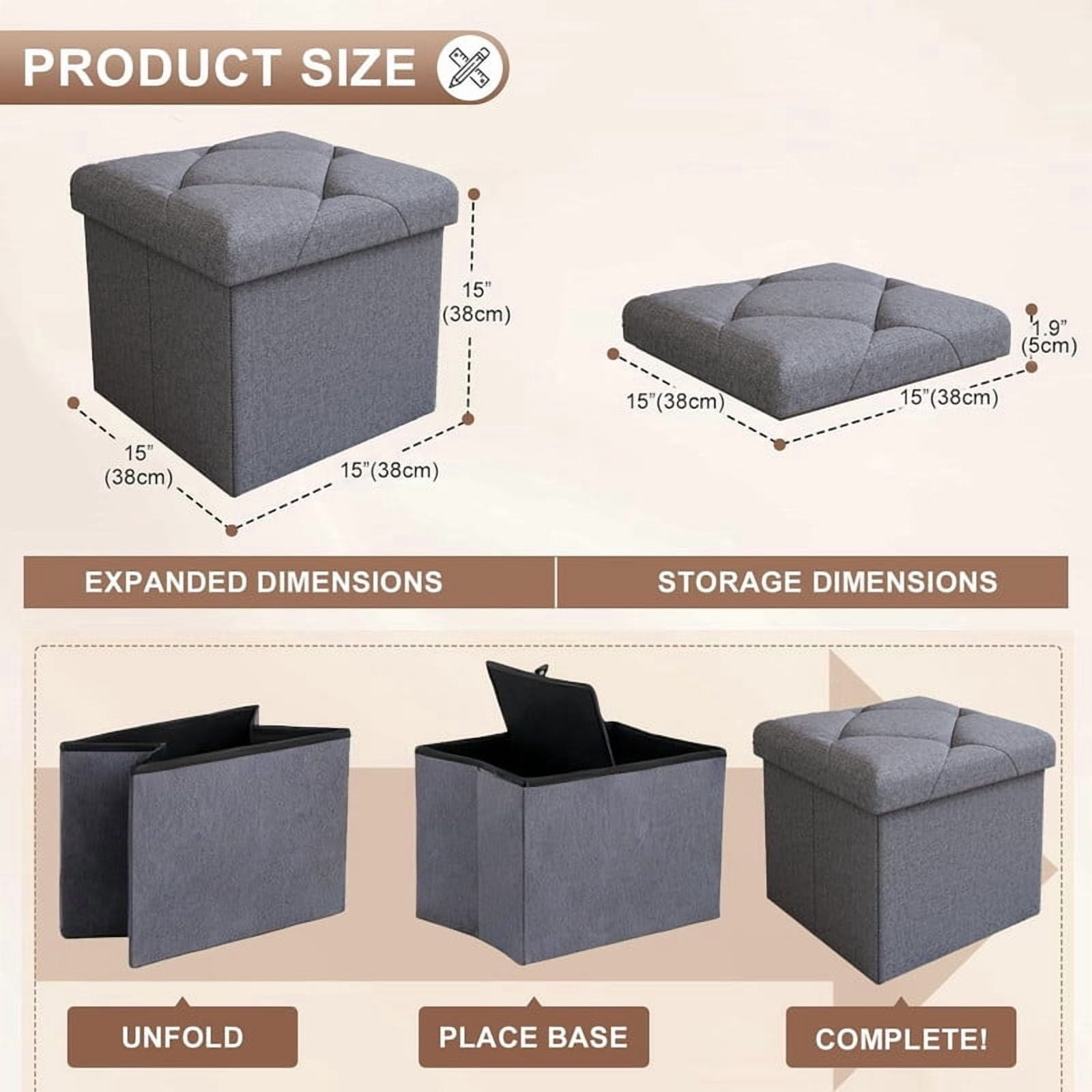 15'' W Storage Ottoman Bench, Folding Storage Bench Ottoman, for Bedroom, Living Room, and Utility Room