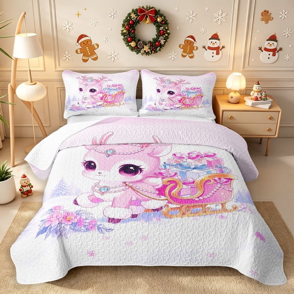 Erosebridal Reindeer Sleigh Twin Quilt Set 2 Pieces,Dreamy Winter Twin Coverlet Set,Light Pink,1 Bedspread and 1 Pillowcase