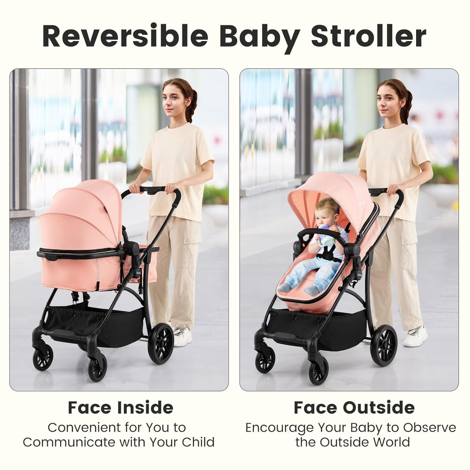 INFANS 2 in 1 Baby Stroller, Convertible Stroller with Bassinet Reversible Seat Adjustable Backrest Canopy One Hand Fold, Compact Toddler Pushchair for Kids Infants Newborns 0-36 Months