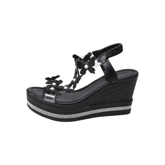 Women's High Heel Wedge Sandals Rhinestone Platform Fashionable Butterfly Decor Cute Women Slides Thick Soled Open Toe T Strap Thongs Shoes with Transparent Elastic Strap Boho Summer Beach