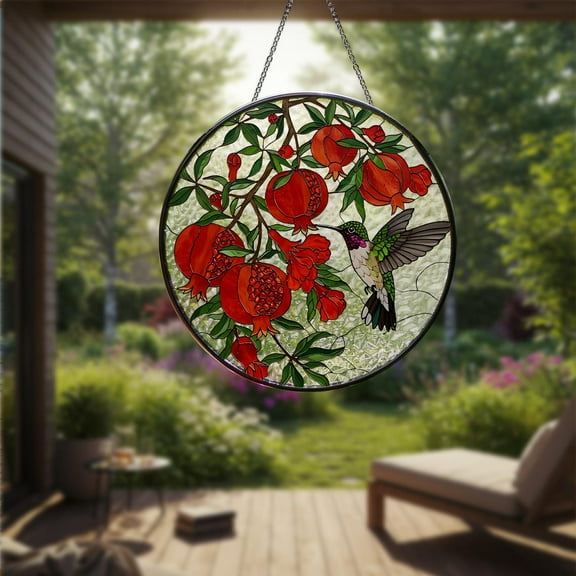 Hummingbird With Pomegranate glass suncatcher, pomegranate stained glass art, gift for mom, hummingbird decor, Mother's Day window hanging