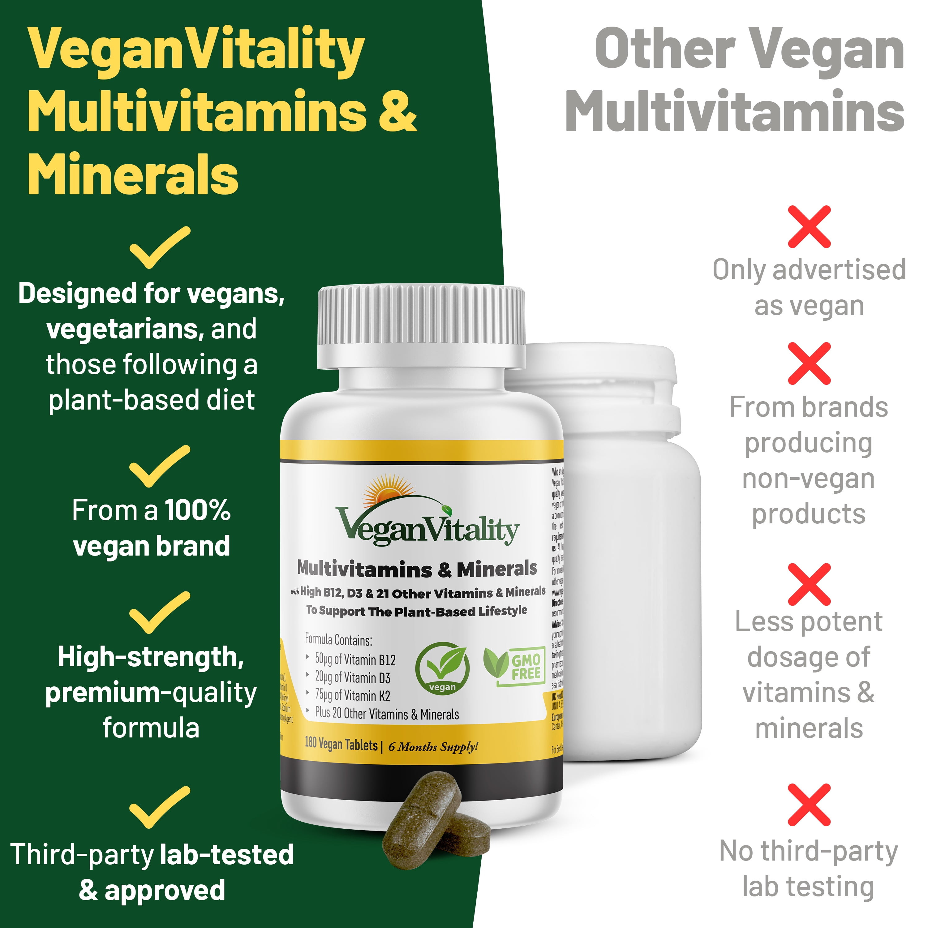 Vegan Multivitamins & Minerals for Women and Men with High Strength Vitamin B12, D3 & K2. 6 Months Supply