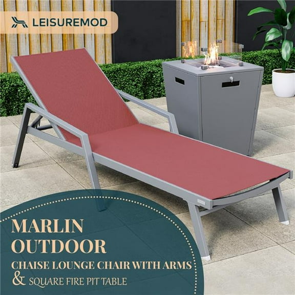 32.44 x 21.65 x 21.65 in. Marlin Modern Grey Aluminum Outdoor Patio Chaise Lounge Chair with Arms & Square Fire Pit Side Table Perfect, Burgundy