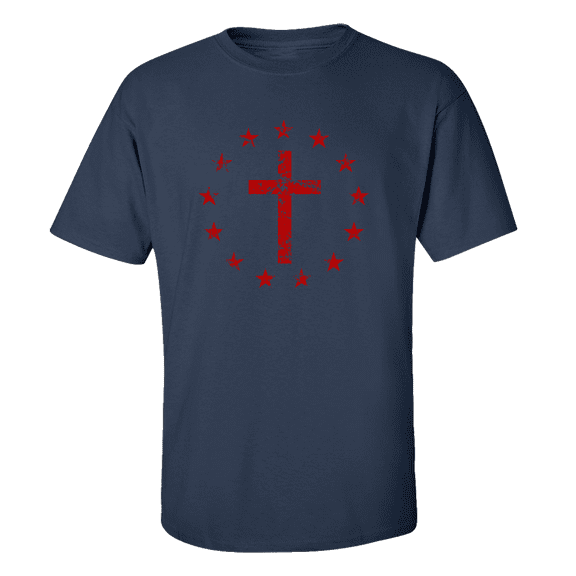 Men's Christian Cross Surrounded By Patriotic Betsy Ross Flag 13 Stars Short Sleeve T-shirt-Navy-small