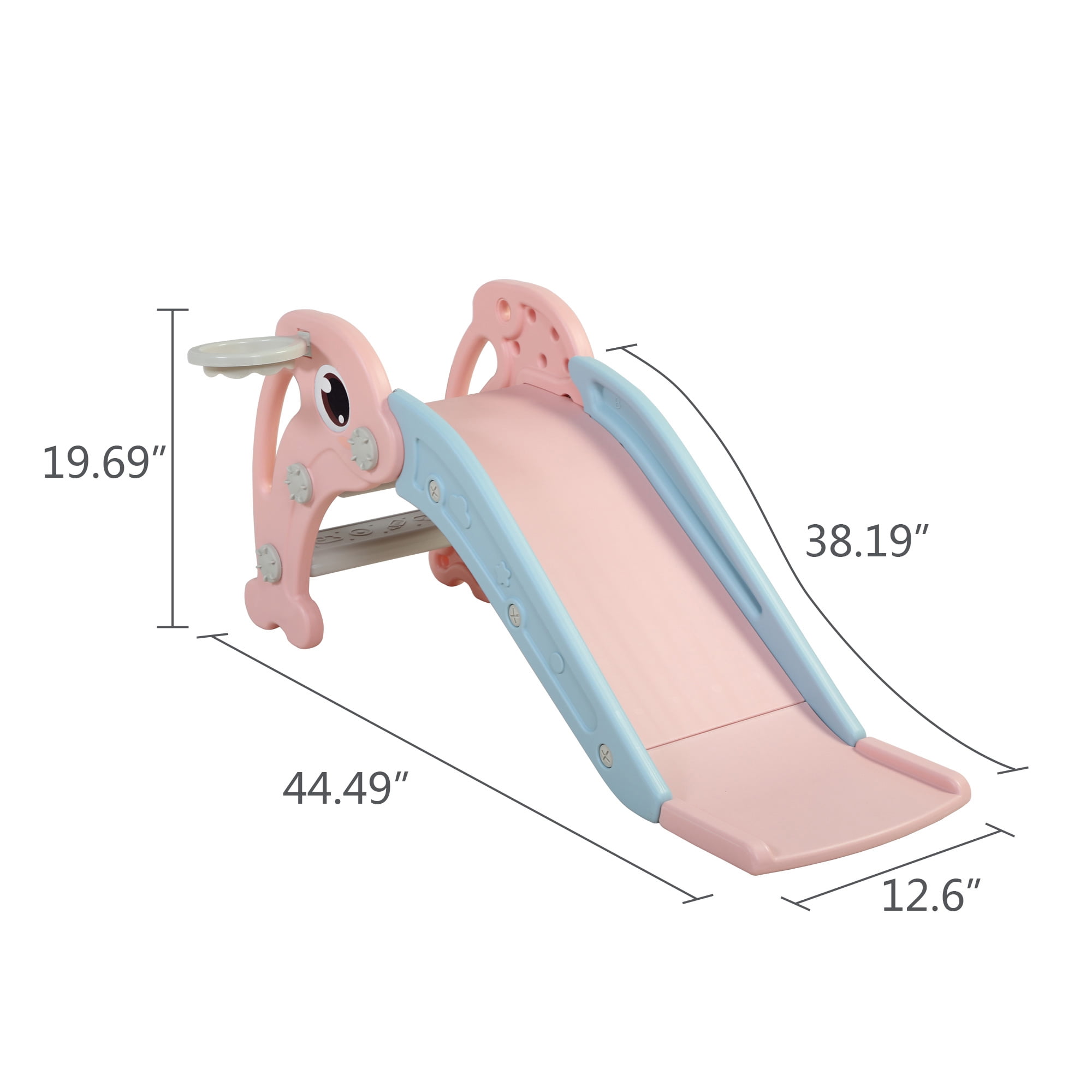 Kadyne 3 in 1 Toddler Slide Kids Slide, 44.5" Dolphins Play Slide for Outdoor and Indoor, Play Slide with Basketball Hoop, Ball and Ladder, Pink