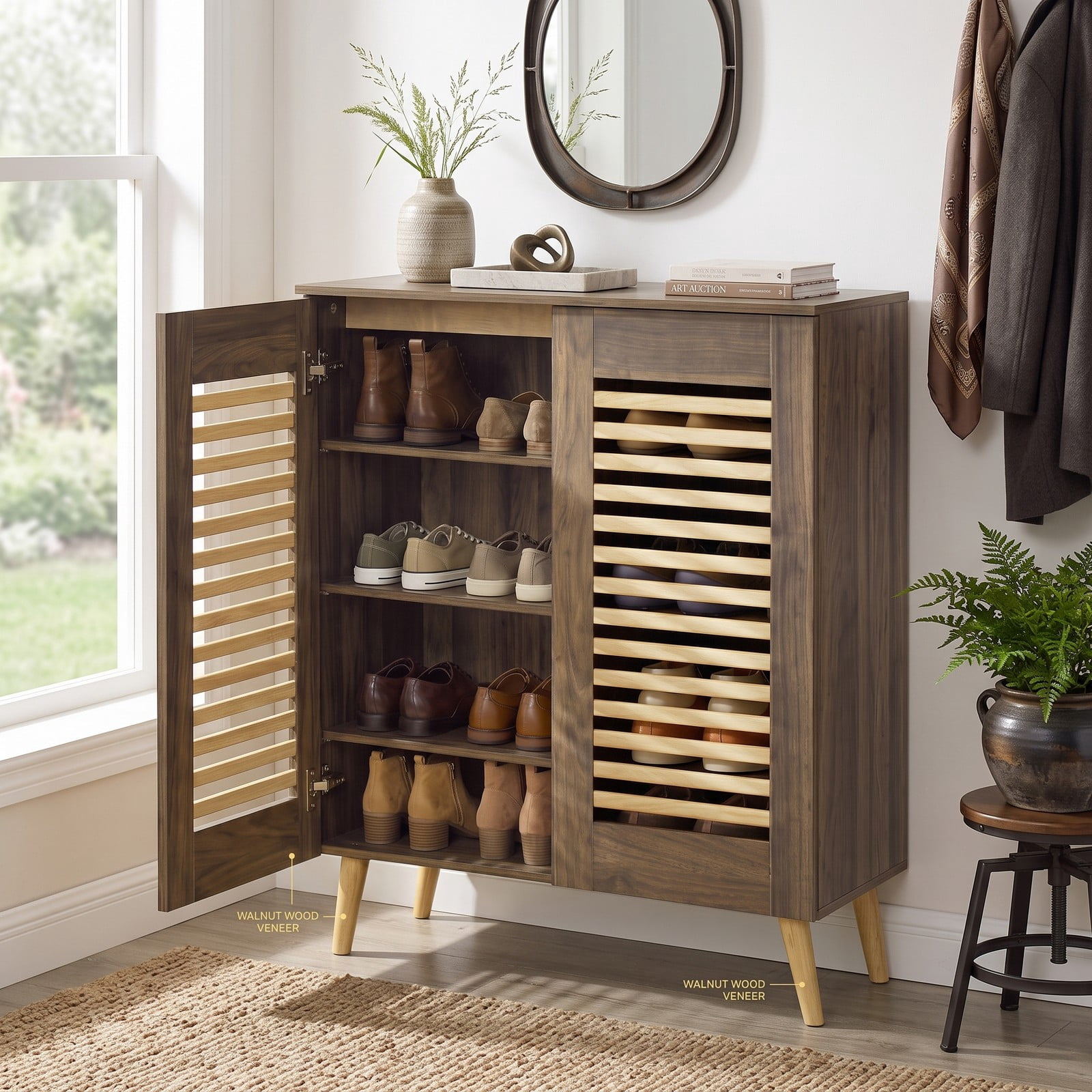 Furnibear Shoe Cabinet with Louvered Doors and 3 Removable Shelves for Entryway Closet and Hallway Shoe Storage Organizer, Walnut