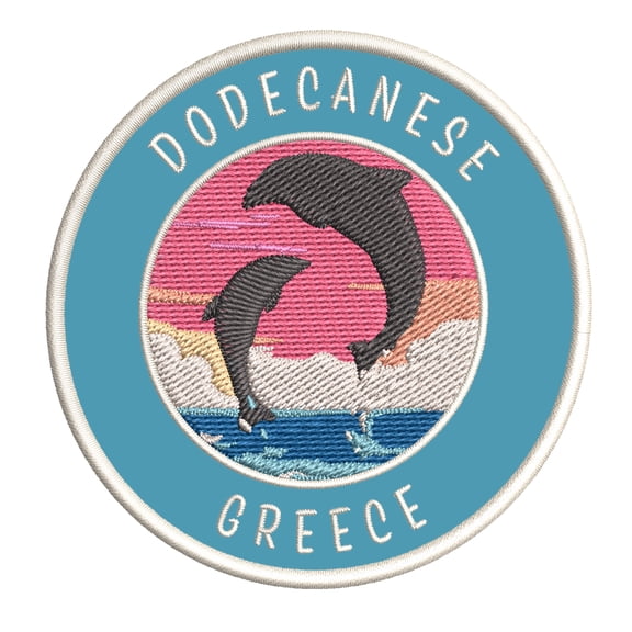 Dodecanese, Greece Dolphin Sunset 3.5 Inch Iron Or Sew On Embroidered Fabric Badge Patch Ocean Beach, Salt Life Iconic Series