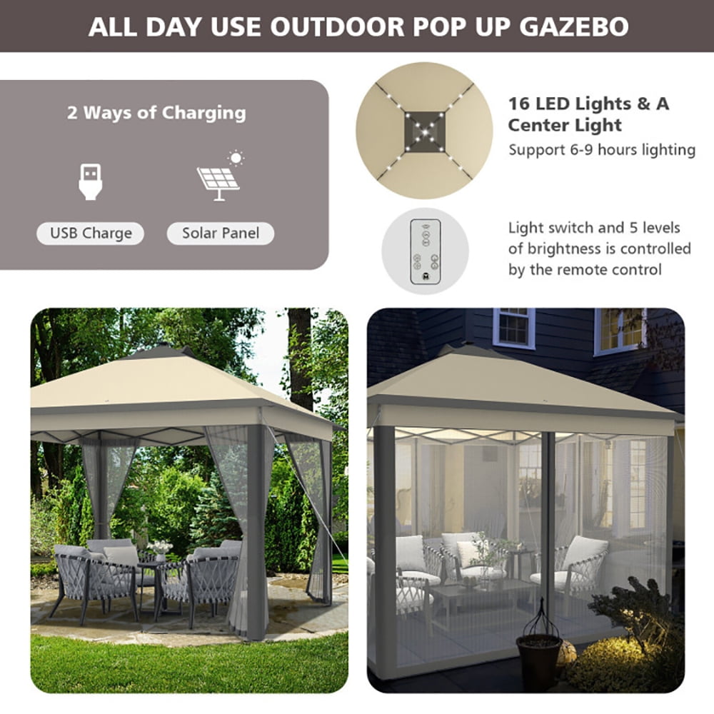 Aimee Lii 11 x 11 Feet Portable Outdoor Patio Folding Gazebo with Led Lights, Backyard Canopy Gazebo, Coffee