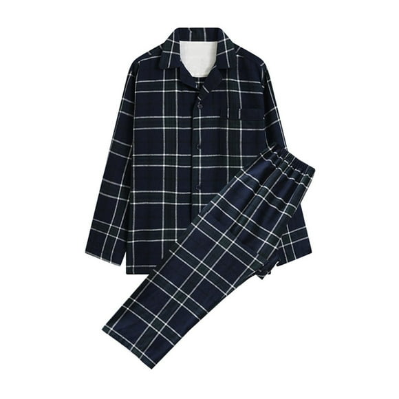 LSLJS Mens Pajama Sets Casual Plaid Print Homewear Long-Sleeve Tops Trousers Turndown Collar Night Pajamas Suits Gifts for Men