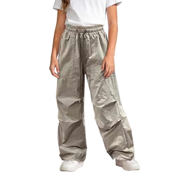 Besolor Kids Girls Boys Cargo Pants Wide Leg High Waisted Elastic Drawstring Casual Loose Trousers with Pockets for Teen(15-16 Years,Khaki)