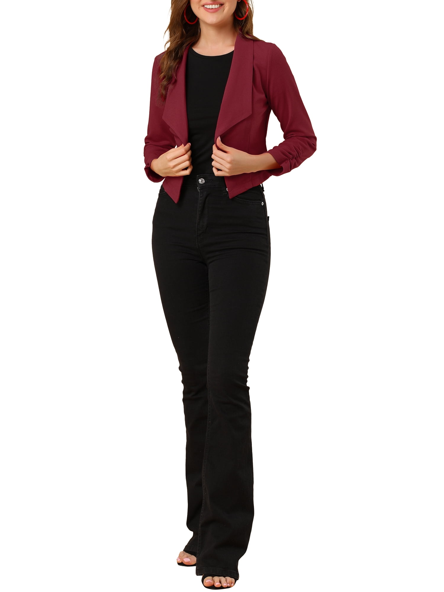DARING DIVA Women's Notched Lapel Ruched Sleeve Crop Blazer L Burgundy
