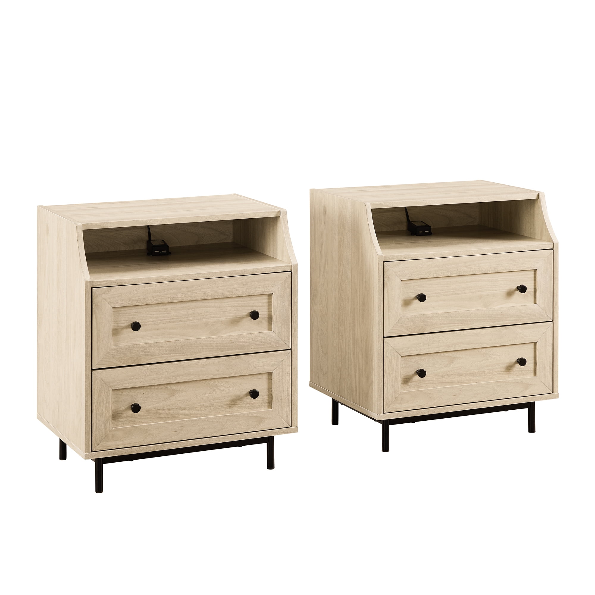 Walker Edison Modern 2 Drawer USB Port Nightstand, Set of 2, Birch