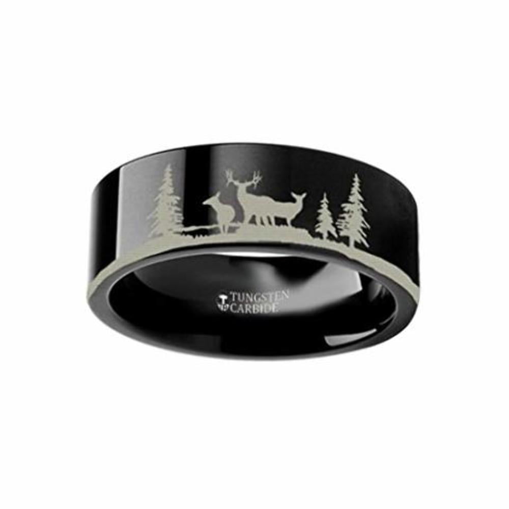 8mm Animal Landscape Scene Reindeer Deer Stag Ring Engraved Flat Tungsten Ring