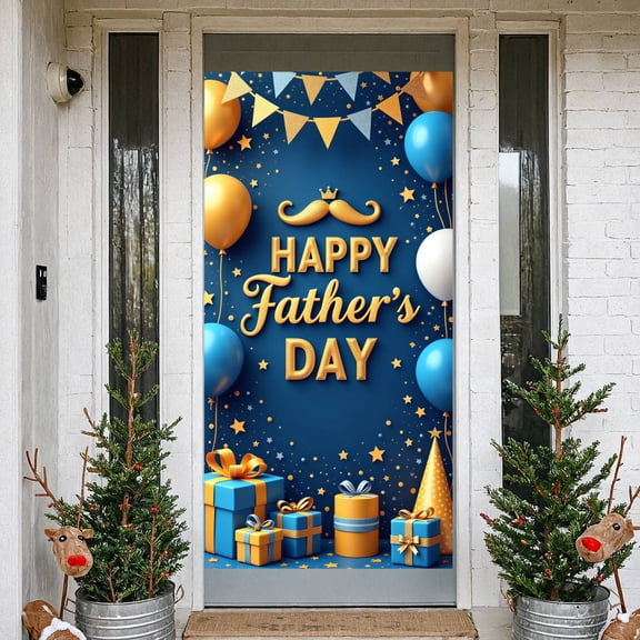 Golden Glitter Happy Father's Day Banner Blue-Gold Dad's Celebration Backdrop Mustache & Crown Father's Honor Background for Father's Day Party Family Gathering Home Decoration