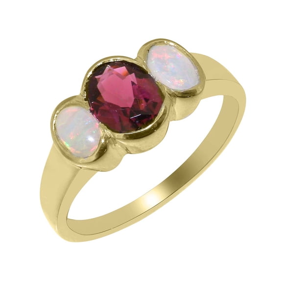LBG British Made 14k Yellow Gold Natural Garnet & Opal Womens Anniversary Ring - 33 size options - Size 10