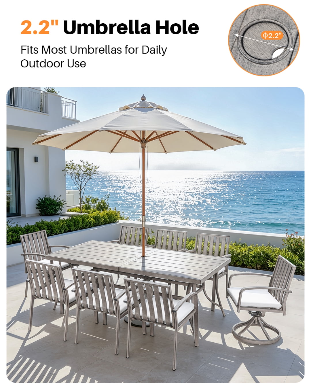 84" Outdoor Rectangle Dining Table for 8 with Umbrella Hole, Aluminum Sturdy Frame, Limed Oak
