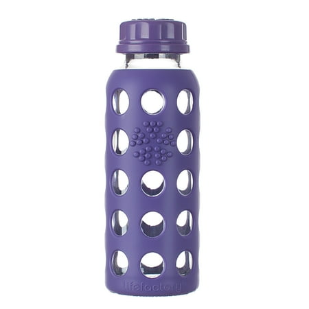 Lifefactor Glass Bottle with Flat Cap and Protective Silicone Sleeve, Royal Purple, 9 Oz