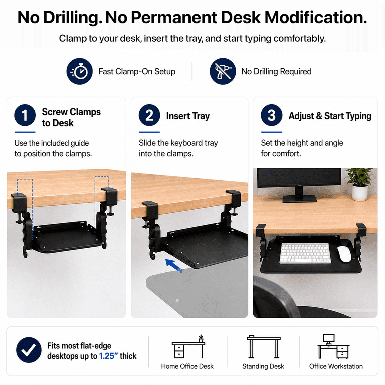 Uncaged Ergonomics KT4 Clamp-On Keyboard Tray Under Desk, No-Drill