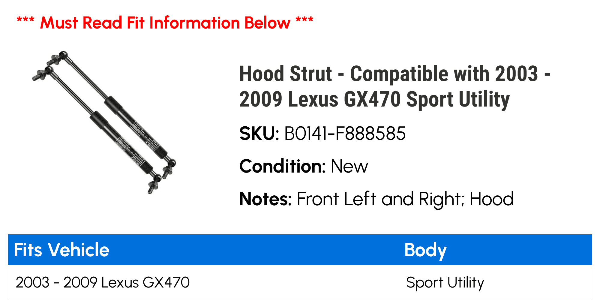 Hood Strut - Compatible with 2003 - 2009 Lexus GX470 Sport Utility - Autopart Premium