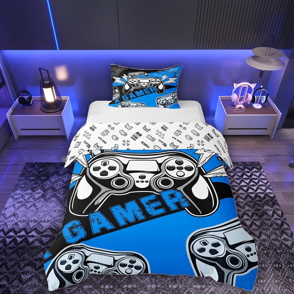 Erosebridal Boys Gamer Twin Bedding, Video Game Controller Duvet Cover Set, Blue, Gamepad Reversible, 1 Duvet Cover and 1 Pillowcase (No Comforter)