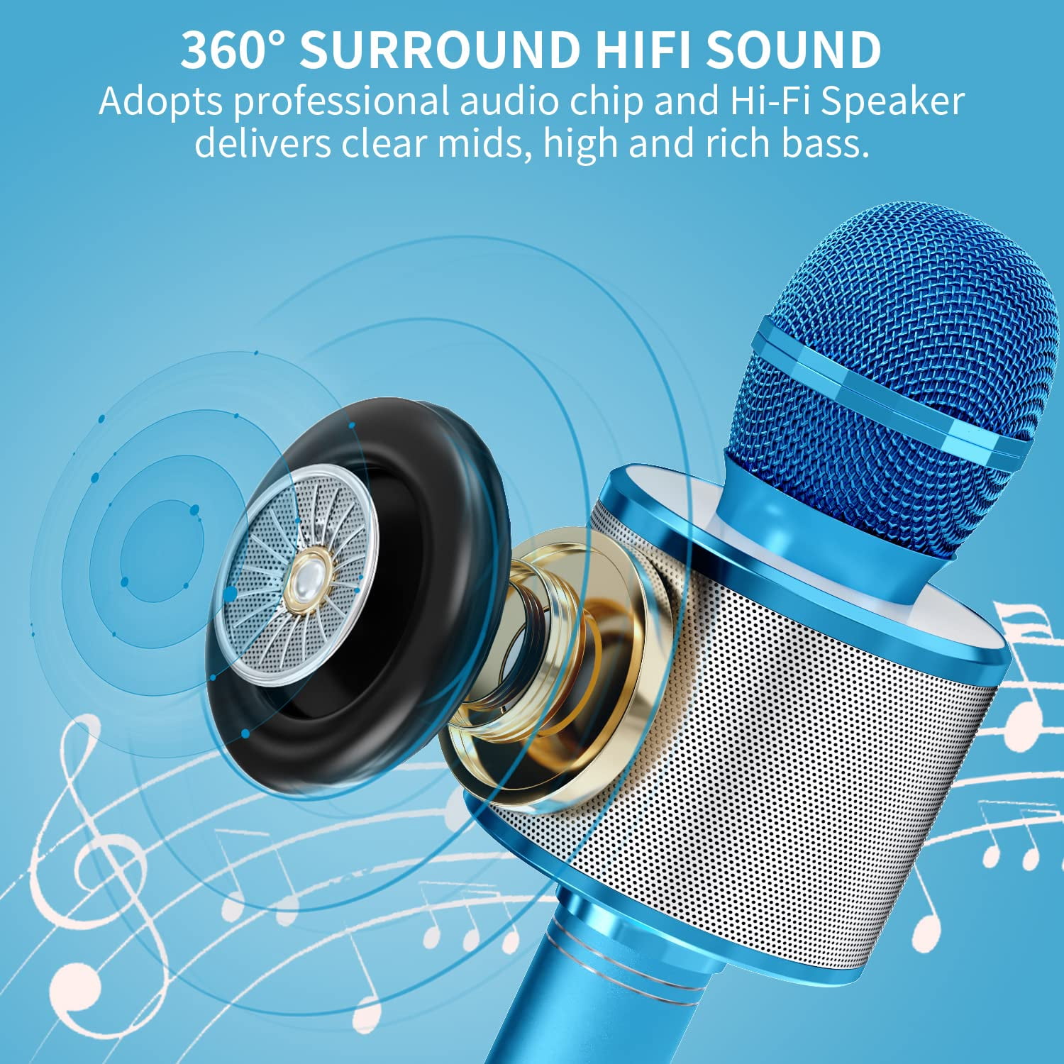 DAKIMOE Wireless Bluetooth Karaoke Microphone, Portable Handheld Singing Microphone for Kids Adults with Stereo Speaker and Voice Changer for All Smartphones, Gifts for Girls Kids Adults, Blue