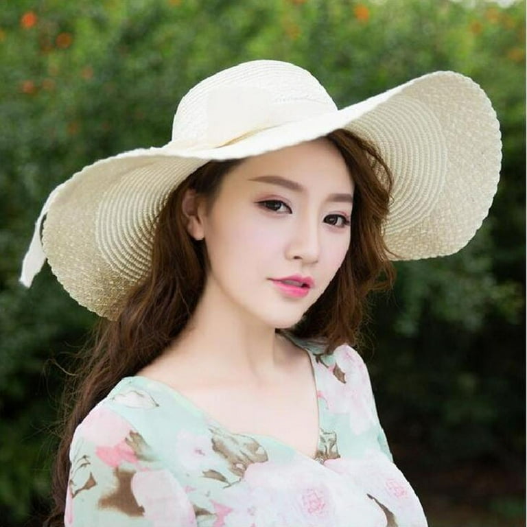 Gaiseeis Women Colorful Big Brim Straw Bow Hat Sun Floppy Wide Brim Hats  Beach Cap Beige 