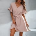 thumbnail image 6 of Sundresses for Women Casual Summer - Work Dresses for Women Casual V Neck Summer Dress Solid Color Ruffled Short Sleeve Wrap V Neck Swing Dress with Belt, 6 of 7