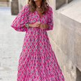 thumbnail image 4 of Ayolanni Geometric Print Women Summer Dresses Puff Sleeve 3/4 Sleeve V-Neck Hawaii Maxi Shift Dress Ruched Knee Length Beach Vacation Boho Sundress Pink L, 4 of 7