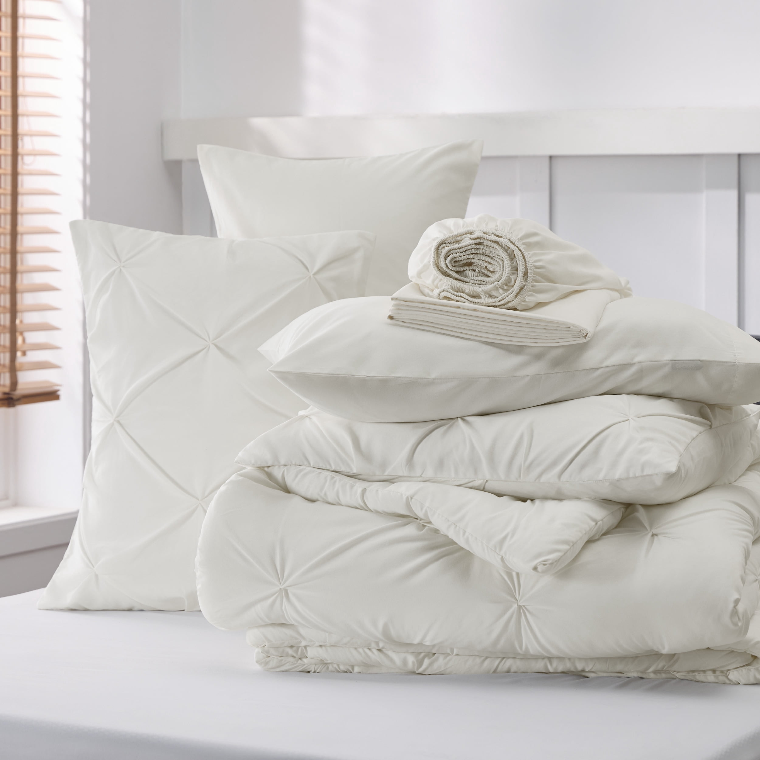 U by Bedsure Queen Comforter Set - 7 Pieces White Comforters , Pintuck Bedding Sets for All Season, with Flat Sheet and Fitted Sheet, Pillowcases & Shams