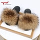 thumbnail image 3 of Zapatillas de piel de mapache auténtica para mujer, chanclas planas peludas para interior y casa, moda para actividades al aire libre, sandalias de playa, verano 2023, 3 of 5