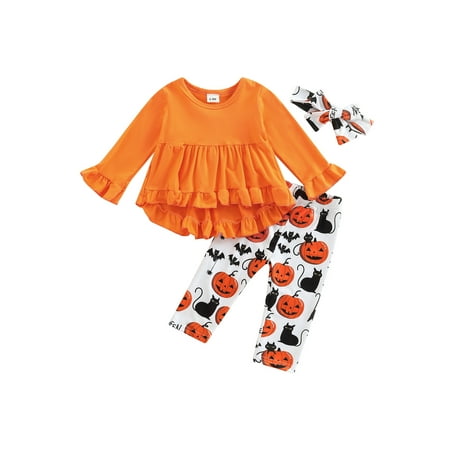 

jaweiwi Infant Girls 3 Pieces Halloween Outfits Set Solid Color Long Sleeve Tops Dresses + Letter Pumpkin Cat Bat Print Pants + Headband 6M-3Years