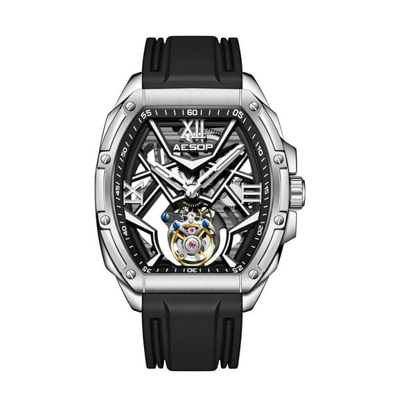 AESOP Real Tourbillon Skeleton Mechanical Manual Wind Tonneau Wrist Watch Men Sapphire Crystal Diamond Business Double-sided Hollow Luminous Clock Man Stainless Steel Rubber Wristwatch