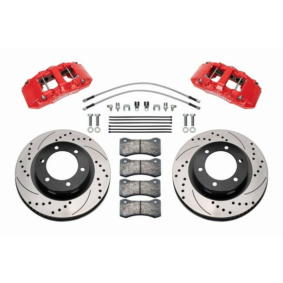 Wilwood Brakes Brake Kit 140-17512-DR Aero6-DM; Powder Coated Red 6 Piston Calipers; 13.38 Inch Diameter Drilled And Slotted Rotor; With Caliper Mounting Brackets/Rotors/Two Calipers/Pads/Hardware