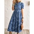 thumbnail image 5 of Blue Boho Floral Print Midi A-Line Dress With Ruffle Notched Neck Short Puff Sleeves, 5 of 7