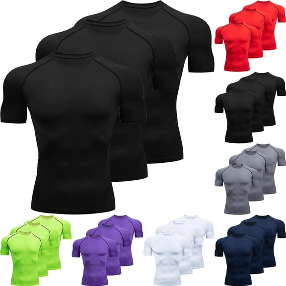 Men's 3 Pack Compression Shirt Short Sleeve Workout Gym Top Cool Dry Athletic Base Layer Undershirt T-Shirt for Sport Running White