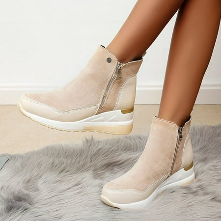 

SQUARE HEAD Fashion Casual Waterproof High Top Platform Women Shoes Comfortable Zipper Boots Beige 36