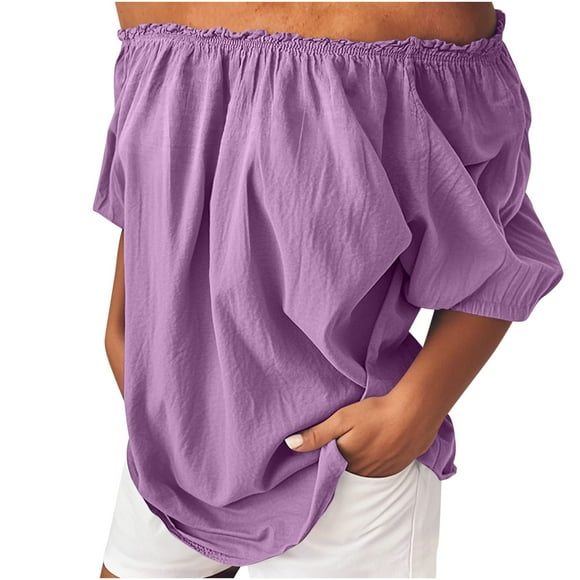 Women's Off Shoulder Top Ruffle Short Sleeve Cotton Linen Blouse Summer Casual Loose Shirts