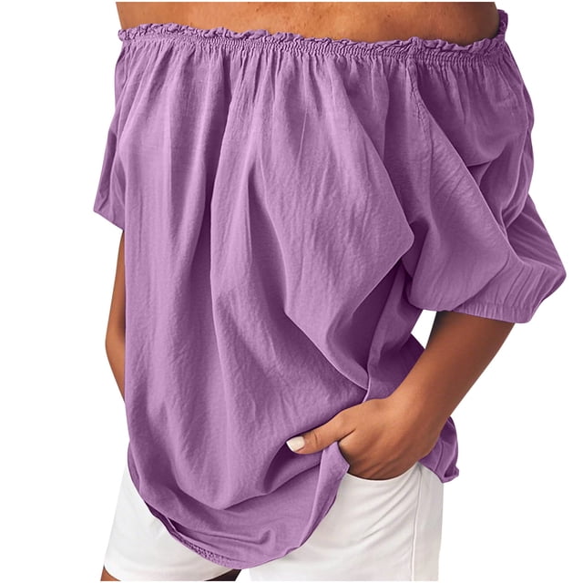 Vestidos Casuales Para Mujer, Blusas De Mujer De Moda Blusa informal de lino de manga corta, color liso, con elástico y hombros descubiertos para mujer