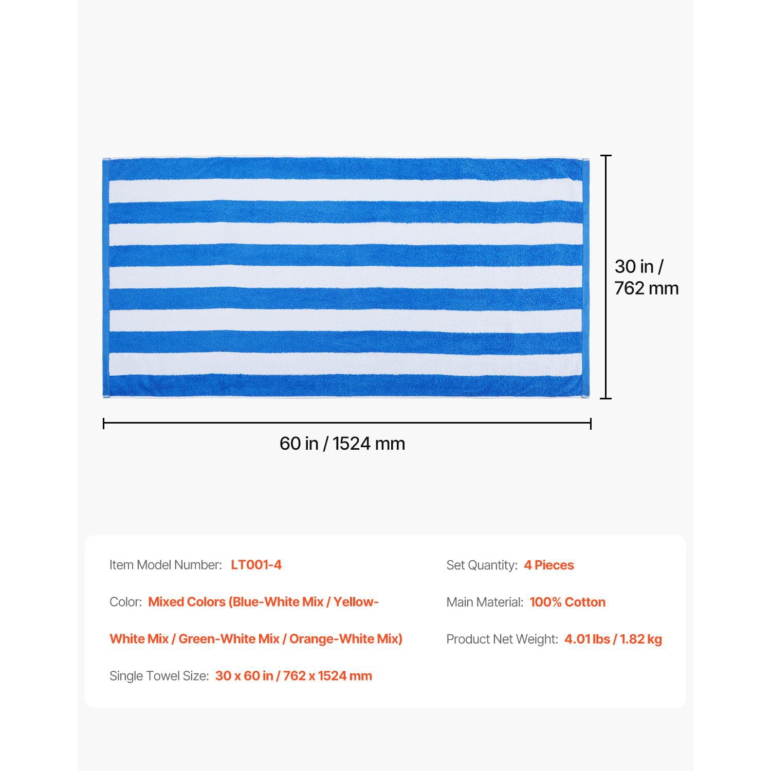 Beach Towels 4-Pack 60x30 Inch 400 GSM 100% Pure Cotton Quick-Dry Absorbent for Pool Swimming Travel
