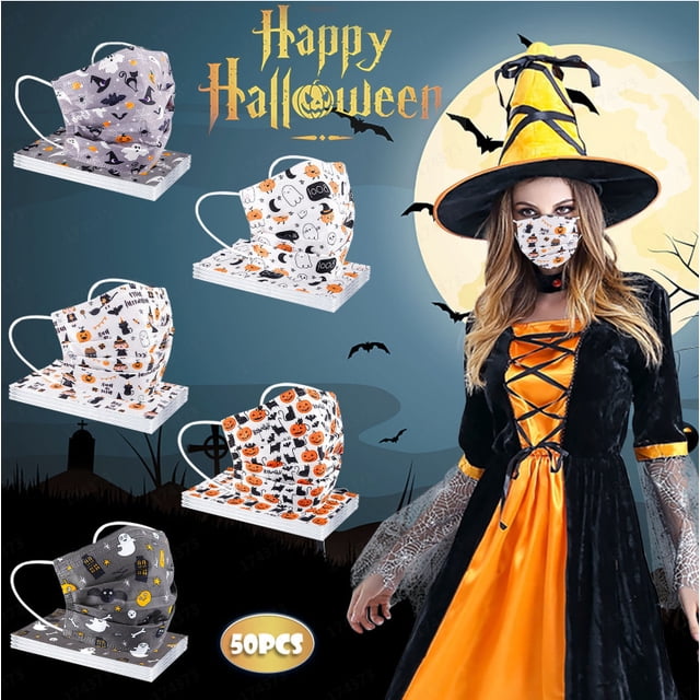 50 máscaras para niños de Halloween, máscaras para niños desechables, 3 capas, patrones de dibujos animados lindos de edición limitada de Spooky Halloween