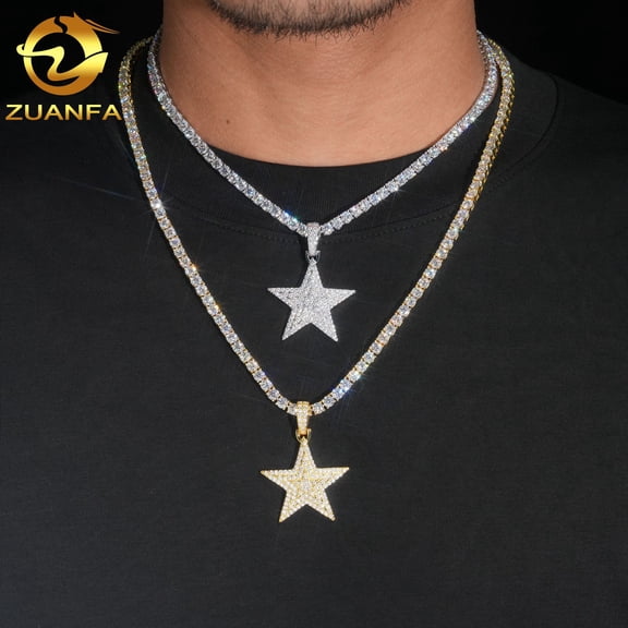 Five-pointed star pendant, S925 silver with D-color VVS moissanite, a trendy hip-hop pendant necklace. Faster than a diamond tester.