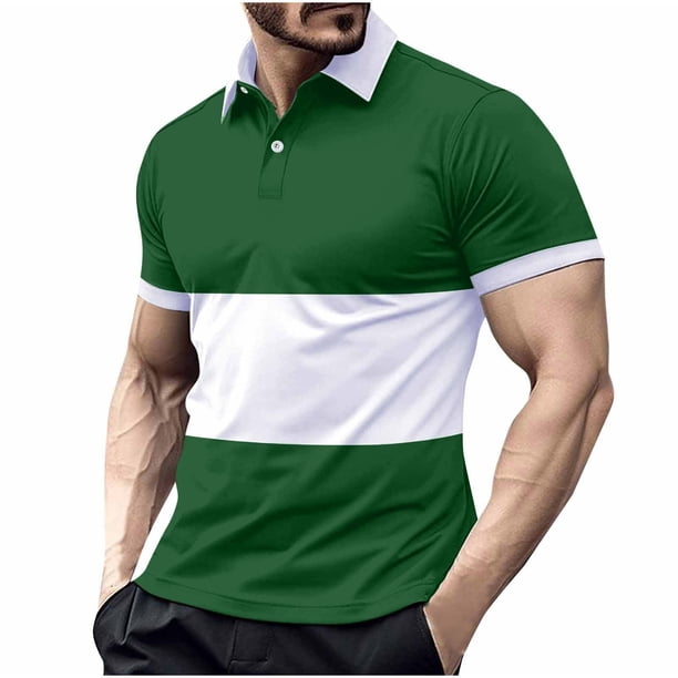 Camisas Elvqul Hombre Stretch Verde Casuales Manga Corta de Bloques de Color Solapa Botones